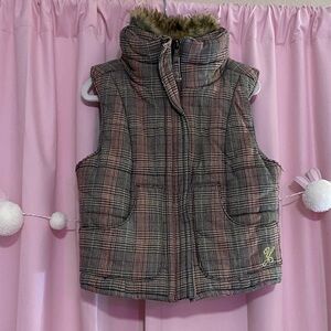 Plaid Puffer Vest with Faux Fur Collar